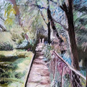 Path,Trees, and a Fence in 
                      Summer Sunlight, 23" by 19", pastel on Bristol 
                      board