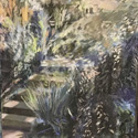 Staircase in colonial court, 19 by 23 on Bristol board. Pastel and acrylic paint