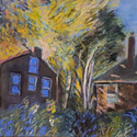 Houses and gold leaves, 19 by 23 on Bristol board. Pastel and acrylic paint