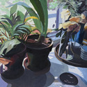 Two Flower pots on my window 
                      sill 1, acrylic paint on museum board, 20” x 26”